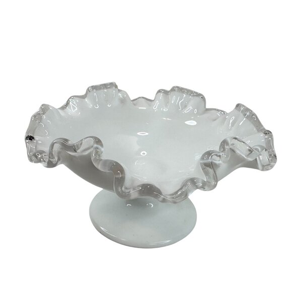 VTG FENTON Silver Crest Milk Glass Pedestal Bowl Candy Dish Clear Ruffle Edge 7" - Picture 10 of 10